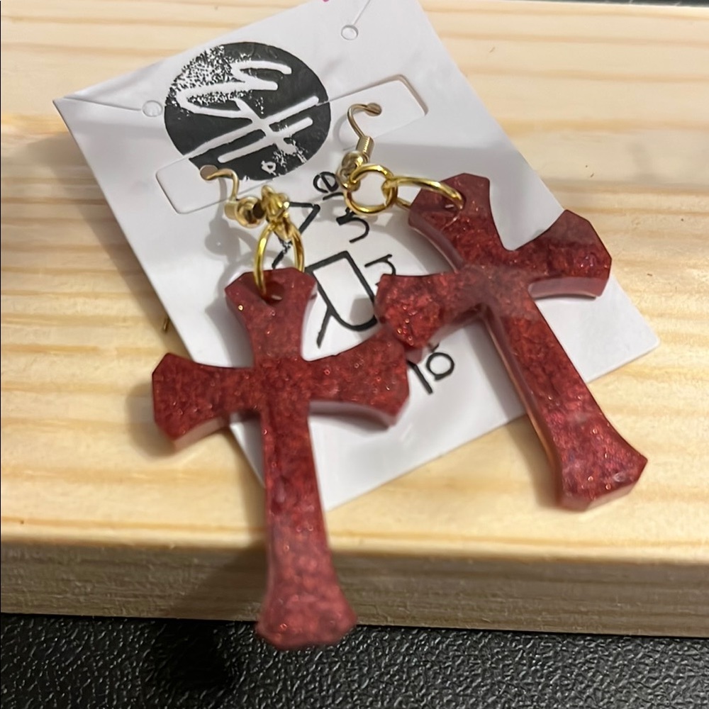 Handmade Craft Fair Red Cross Earrings, Acrylic, hoops